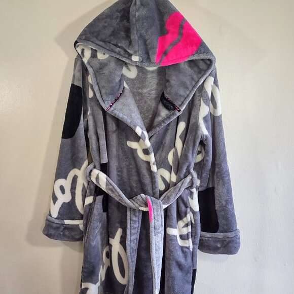 👄 BETSEY JOHNSON Pop Art Love Lips Plush Spa Robe Hooded Indie XS/Small - Picture 2 of 11